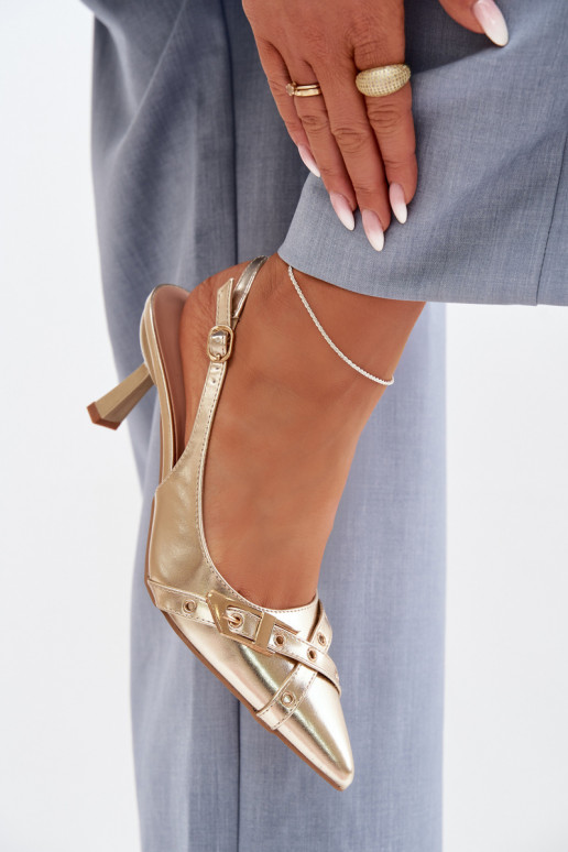 Damensandalen mit dünnen Absätzen mit Streifen I mit Schnallen goldene Farbe Parina
