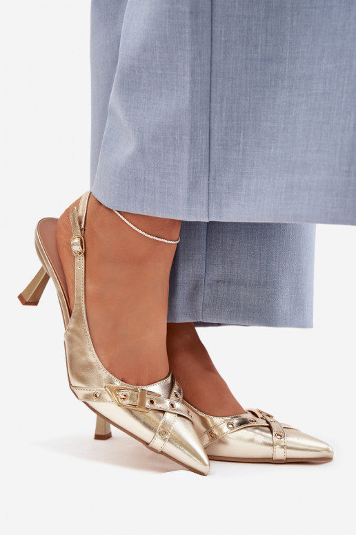 Damensandalen mit dünnen Absätzen mit Streifen I mit Schnallen goldene Farbe Parina