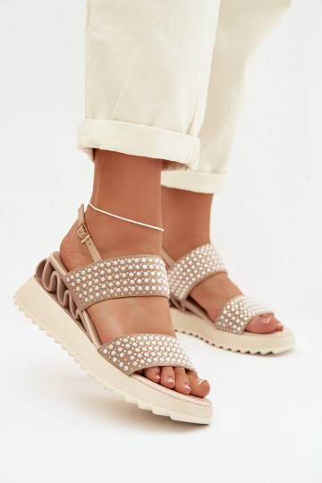 Leder Wildleder Sandalen mit Dekoration D&A CR61-3067 in Sand