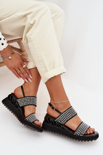 Leder Wildleder Sandalen mit Dekoration D&A CR61-3067 in Schwarz