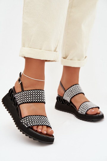 Leder Wildleder Sandalen mit Dekoration D&A CR61-3067 in Schwarz 2
