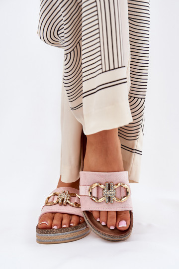 Damenhausschuhe mit einer Plattform mit Glanz I Złotą Ozdobą pinke Farbe Rilirea