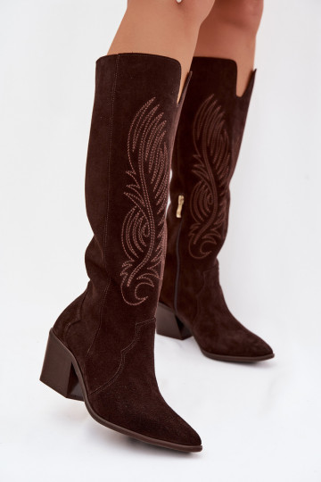 Veloursleder cowboyartige Stiefel mit Absatz Zazoo 3152 in Schokoladenfarbe 2