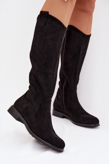 Damen Stiefel mit Lochmuster und breiten Absätzen S.Barski HY61-8022 schwarz 2