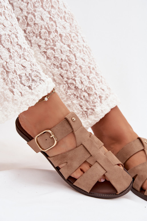 Damenhausschuhe mit breiten Absätzen mit Streifen I Złotą mit Schnallen Beige Elzora