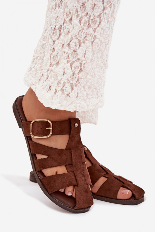 Damenhausschuhe mit breiten Absätzen mit Streifen I Złotą mit Schnallen braune Farbe Elzora