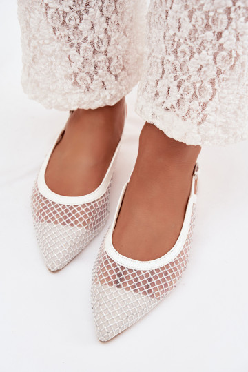 Weiße Netz-Ballerinas mit offenem Absatz Pyvona