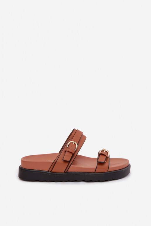 Damenhausschuhe mit einer Plattform mit Streifen I goldene Farbemi mit Schnallenmi braune Farbe Rirea