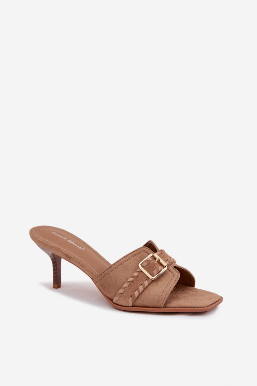 Damenhausschuhe mit dünnen Absätzen mit Riemen I Złotą mit Schnallen Beige Jelira