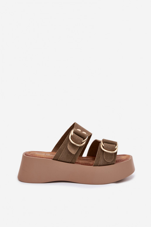 Damenhausschuhe mit einer Plattform Ze goldene Farbemi mit Schnallenmi grüne Farbe Nelirae