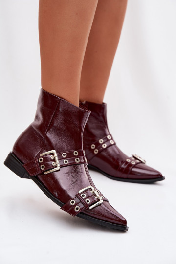 mit Lackeffekt Damenstiefel mit breiten Absätzen mit Streifen I mit Schnallenmi Burgund Hamira 2