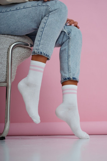 Socken Feminin DZua Cienkie Streifen INeiß-pinke Farbe