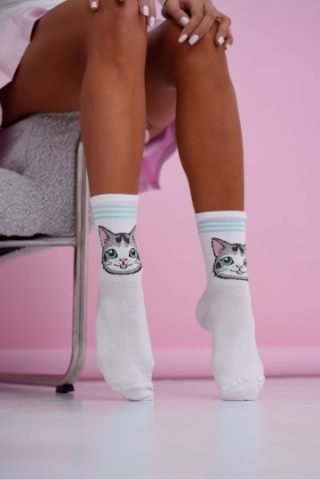 Damen Socken mit Katzen und blauen Fußabdrücken