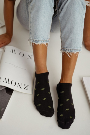 Damenhalbsocken Blätter schwarz
