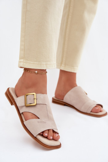 INildleder-Hausschuhe für Damen mit breiten Absätzen mit Schnallen Big Star TT274476 Beige 2