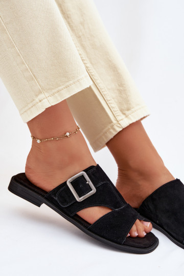 Damen Wildleder Pantoletten mit breiten Absätzen und Schnallen Big Star TT274477 schwarze Farbe