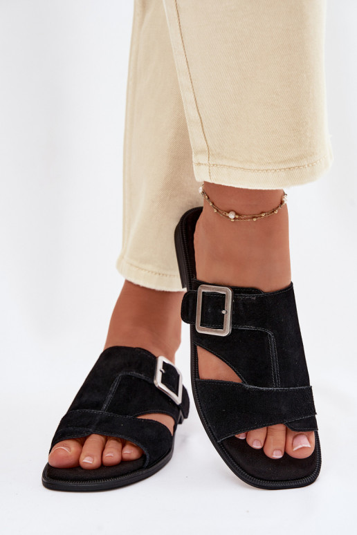 INildleder-Hausschuhe für Damen mit breiten Absätzen mit Schnallen Big Star TT274477 schZuarze Farbe