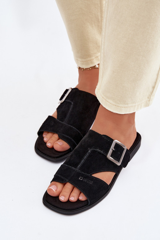 INildleder-Hausschuhe für Damen mit breiten Absätzen mit Schnallen Big Star TT274477 schZuarze Farbe