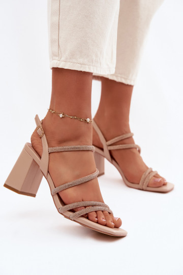 Damen High Heels Sandalen mit Riemchen und Zirkonia sandfarbene Farbe Brelia