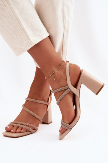 Damen High Heels Sandalen mit Riemchen und Zirkonia sandfarbene Farbe Brelia 2