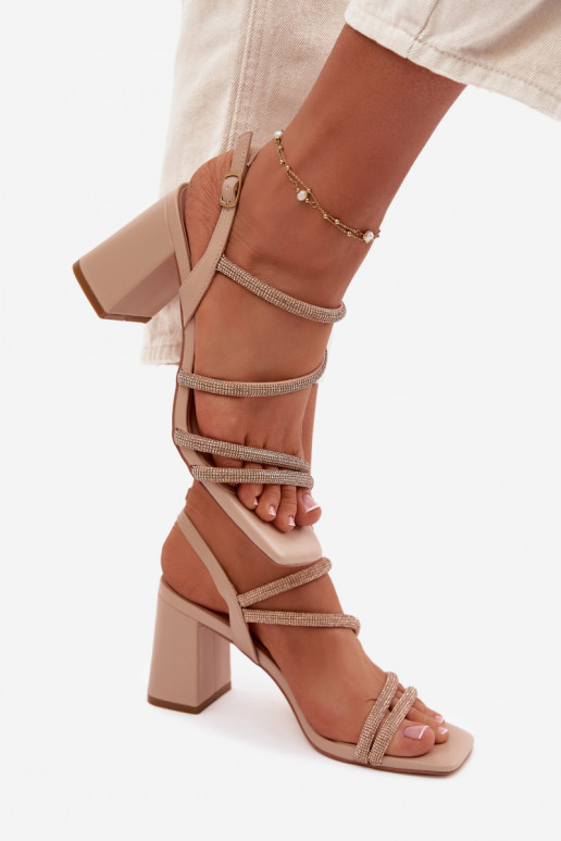 Damen-Sandalen mit hohen Absätzen mit Streifen Und Zirkone Beige Brelia