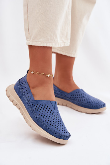 mit durchbrochenen Elementen  Mokassins für Damen Sergio Leone MK099H blaue Farbe