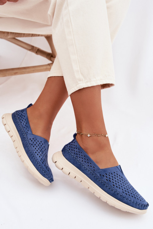 mit durchbrochenen Elementen  Mokassins für Damen Sergio Leone MK099H blaue Farbe