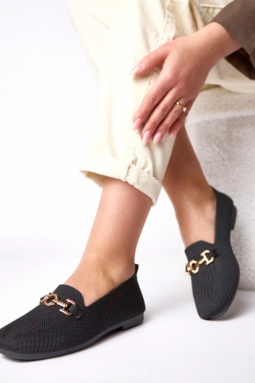 Schwarze Stoffmokassins mit goldener...