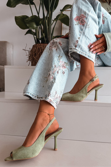 Damensandalen mit dünnen Absätzen aus Öko-INildlederoZue grüne Farbe Sevina