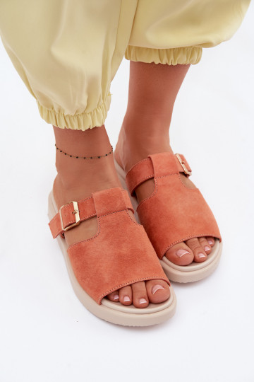 Damen-Suede-Slipper mit Plateausohle und goldfarbenen Schnallen Zemela orange