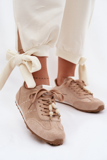 Sneakers Stilvollllschuhe Damentief mit Perlen Beige Galora 2