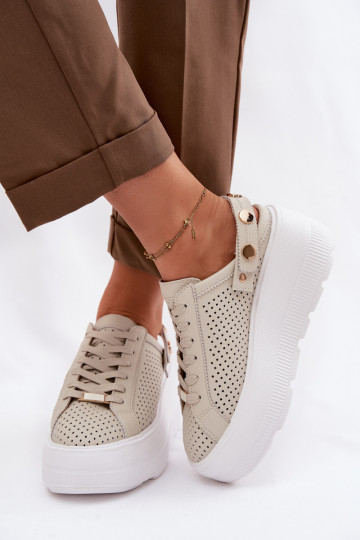 Leder-Sport-Schuhe mit durchbrochenen Elementen für Frauen mit Plattform und Riemchen D&A LR61-7088 sandfarben