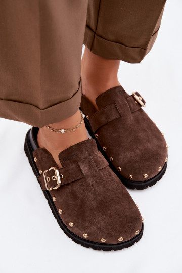 Big Star TT274952 schokoladenfarbene Suede-Sandalen mit Plateau, Nieten und Schnallen