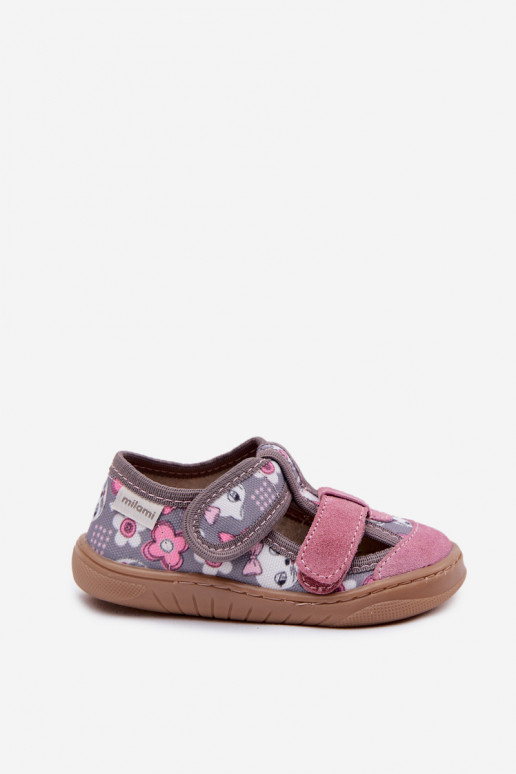 Hausschuhe Barefoot Kindisch Milami Katzen I mit Blumen grau-pinke Farbe Lumi