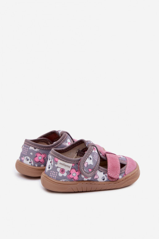 Hausschuhe Barefoot Kindisch Milami Katzen I mit Blumen grau-pinke Farbe Lumi