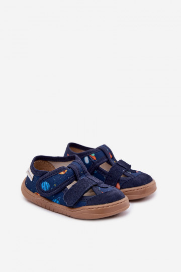 Milami dunkelblaue Kinder-Badeschuhe mit Raketen und Planeten Lumi