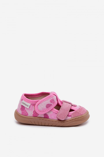 Hausschuhe Barefoot Kindisch Milami mit Glanz In den Herzen pinke Farbe Lumi