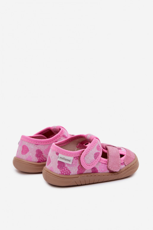 Hausschuhe Barefoot Kindisch Milami mit Glanz In den Herzen pinke Farbe Lumi