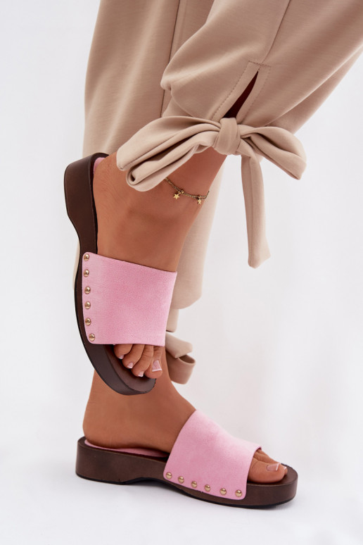 Damenhausschuhe Ze goldene Farbemi Stollen pinke Farbe Ferinna