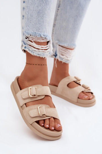 Damenhausschuhe Ze goldene Farbemi mit Schnallenmi Beige Pelorin 2