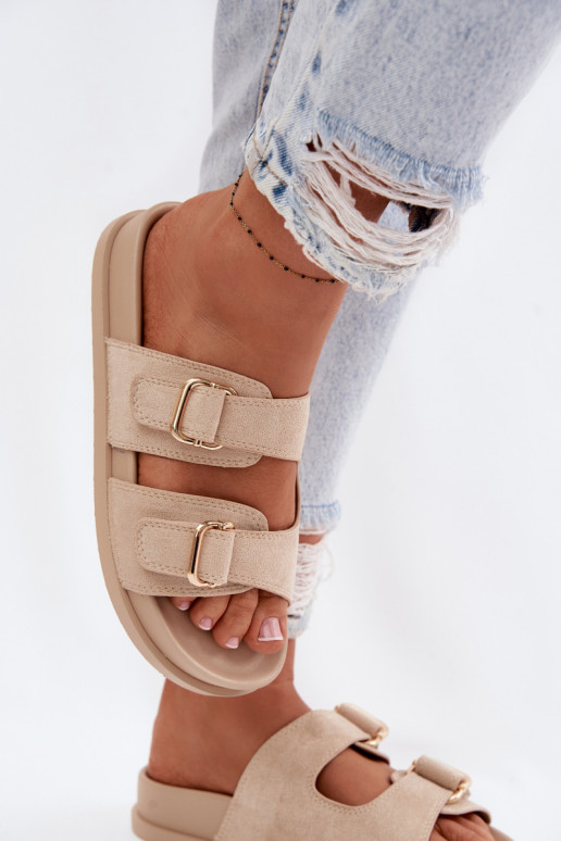 Damenhausschuhe Ze goldene Farbemi mit Schnallenmi Beige Pelorin