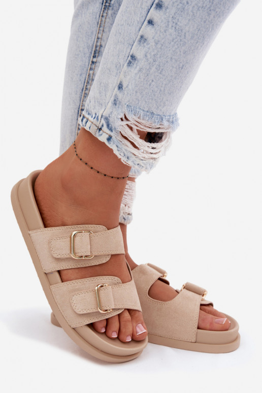 Damenhausschuhe Ze goldene Farbemi mit Schnallenmi Beige Pelorin