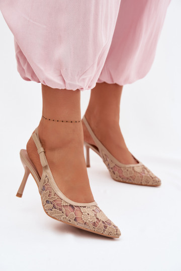 Damensandalen mit dünnen Absätzen mit Spitze Beige Pelivelle