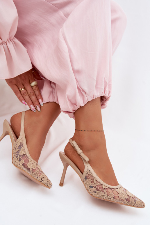 Damensandalen mit dünnen Absätzen mit Spitze Beige Pelivelle