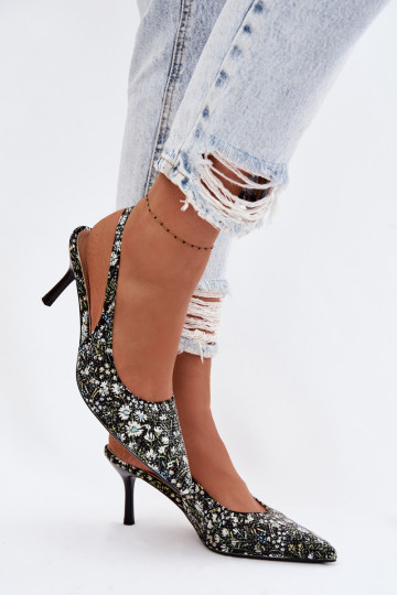 Dekorierte Damen Sandalen mit dünnen Absätzen und Blumen in Schwarz Olivelle