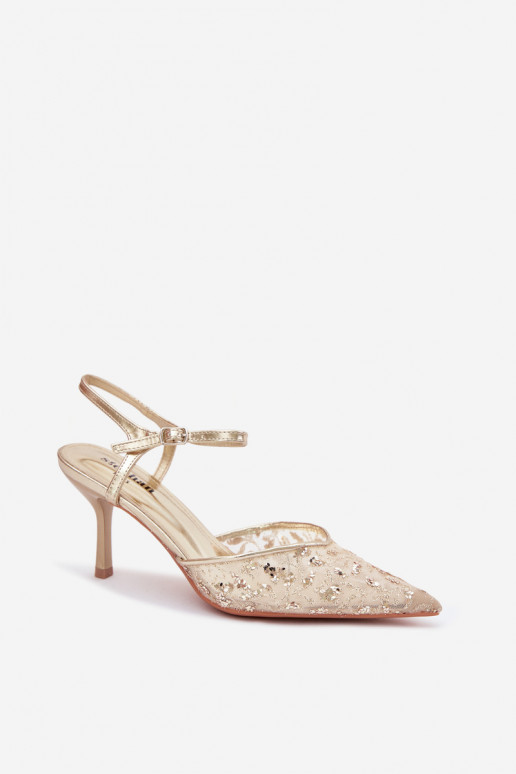 Netz Damensandalen mit dünnen Absätzenmit Glanzującym Zdobieniem goldene Farbe Laria