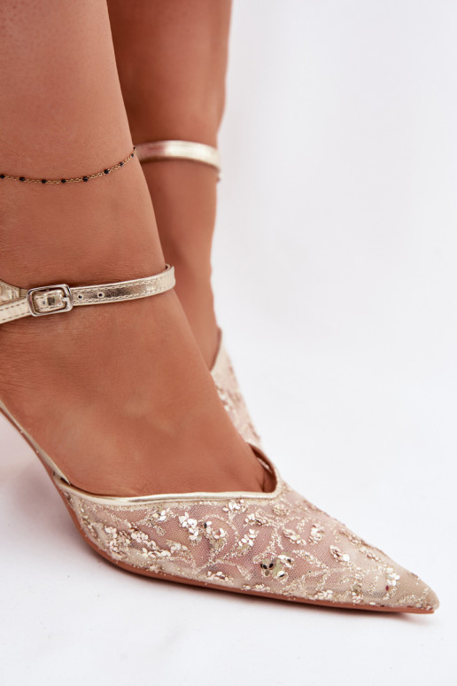 Netz Damensandalen mit dünnen Absätzenmit Glanzującym Zdobieniem goldene Farbe Laria