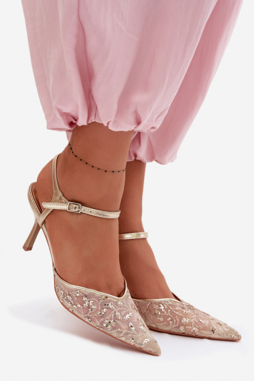 Netz Damensandalen mit dünnen Absätzenmit Glanzującym Zdobieniem goldene Farbe Laria