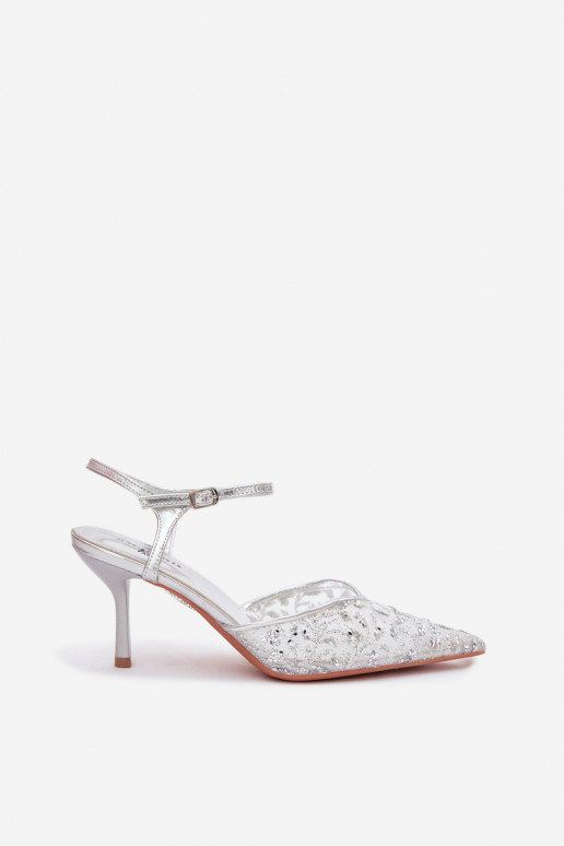 Netz Damensandalen mit dünnen Absätzenmit Glanzującym Zdobieniem Silberfarbe Laria