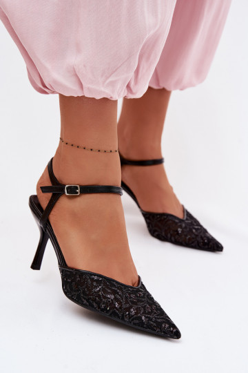 Netz Damensandalen mit dünnen Absätzenmit Glanzującym Zdobieniem schZuarze Farbe Laria 2